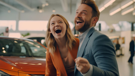 Handsome man and attractive woman are looking at each other and smiling while standing in car dealershipの素材