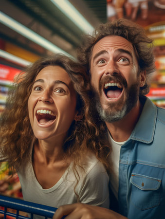 Portrait of cheerful couple with shopping cart in supermarket. Man and woman looking at camera.の素材