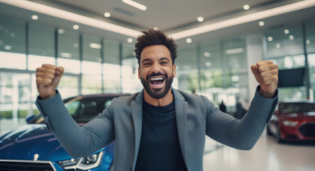 Happy young african american man standing in car showroom and raising hands upの素材