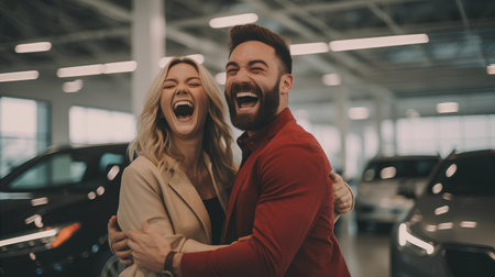 Beautiful young couple is talking and smiling while choosing new car in car dealershipの素材
