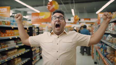Shocked asian man in eyeglasses and shirt looking at camera while standing in supermarketの素材
