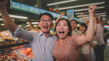 Happy asian couple shopping in supermarket at night. Asian people lifestyleの素材