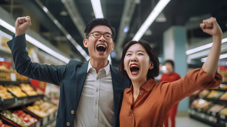 Happy asian couple shopping together in supermarket. People lifestyle concept.の素材