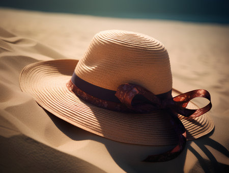 Straw hat on the sand at the beach. Toned.の素材