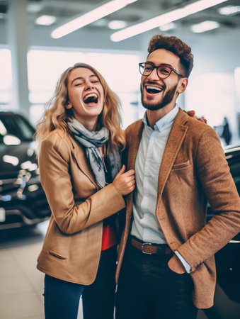 Beautiful young couple is choosing a car in a car dealership.の素材