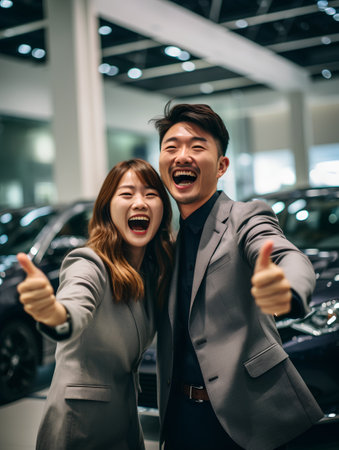 Happy asian couple showing thumbs up in car showroom. Asian peopleの素材