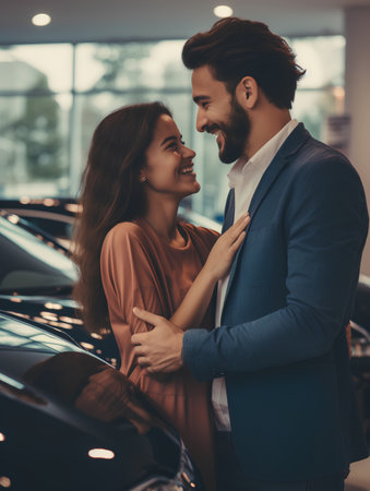 Beautiful young couple is looking at each other and smiling while choosing car in auto showroomの素材