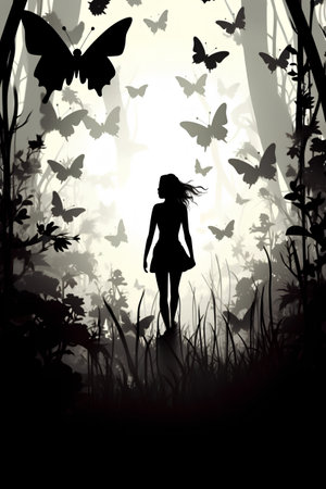 Silhouette of a girl in the forest with butterflies, vector illustrationの素材