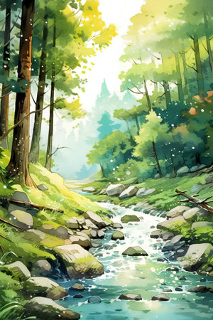 Watercolor painting of a river in the forest. Watercolor illustrationの素材