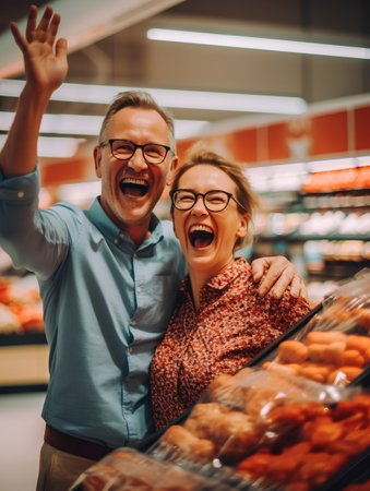 Cheerful senior couple shopping in supermarket. They are looking at camera and smiling.の素材