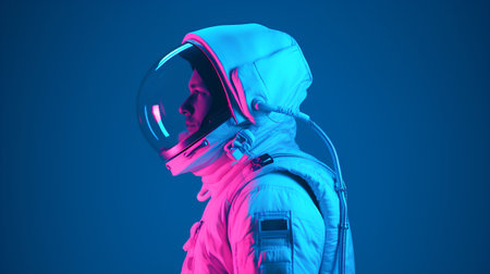 Astronaut woman in spacesuit on blue background. 3d renderingの素材