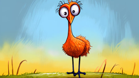 cartoon ostrich on the meadow at sunset - illustration for childrenの素材