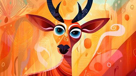 Vector illustration of a deer on a colorful background with spots and linesの素材