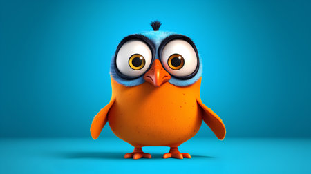 Cute bird with big eyes on blue background. 3D renderingの素材