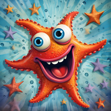 Funny cartoon starfish with eyes and mouth on grunge backgroundの素材