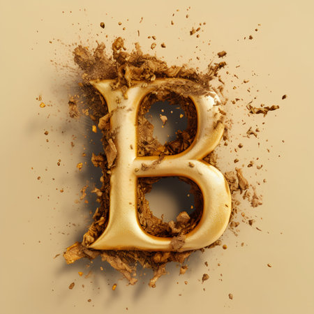 3d render of golden letter B made of crumpled powder.の素材