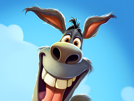 Cartoon happy donkey looking up on blue sky background - 3D illustrationの素材