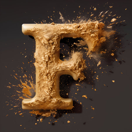 Isolated golden paint splash font. Letter E. 3d renderingの素材