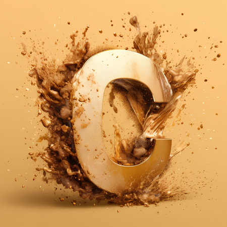 3d rendering of 3d golden alphabet with splashes and dropsの素材
