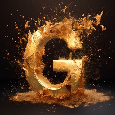 Falling letter of the alphabet made of liquid gold. 3D renderingの素材