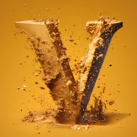 Crushed golden letter V uppercase. 3d render isolated on orange backgroundの素材