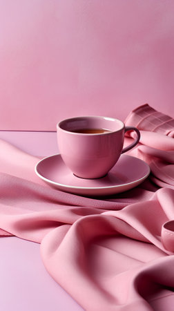 Cup of tea on a pink background with a pink scarf.の素材