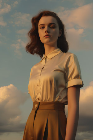 Portrait of beautiful young woman with makeup in fashion clothes on sky backgroundの素材