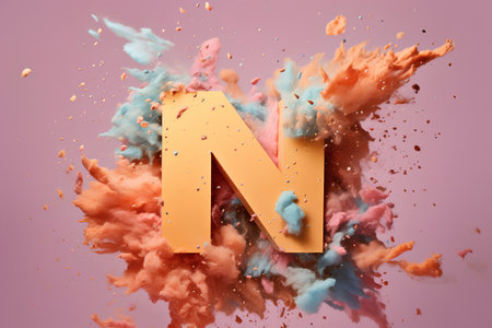 Colorful paint explosion with letter N on pink background. 3d renderingの素材