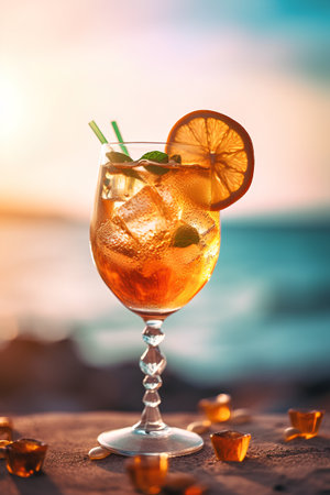 Cocktail with lemon and mint on the beach at sunset.の素材