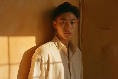 Young asian man in white shirt standing by the wall in sunlight.の素材