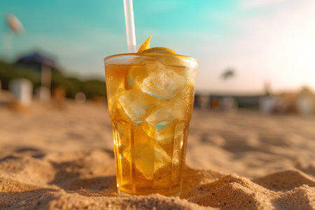 Cocktail with lemon and ice on the beach. Summer vacation conceptの素材