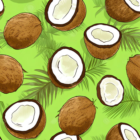 Seamless pattern with coconuts on a green background.の素材
