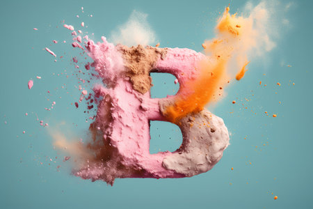 Alphabet letter B, Crushed pink and yellow powder explosion isolated on blue backgroundの素材
