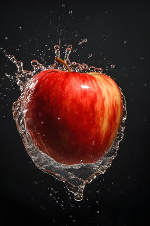 Red apple in water splashes on black background. Isolated.の素材
