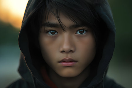 Portrait of a young asian man with hooded sweatshirtの素材