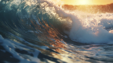 Surfing wave in the ocean at sunset. 3D Renderingの素材
