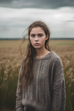portrait of a young beautiful girl in a wheat field on a gray backgroundの素材