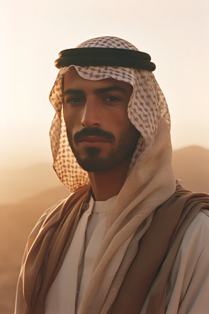 Handsome Arab man in traditional clothes on a background of the sunset.の素材