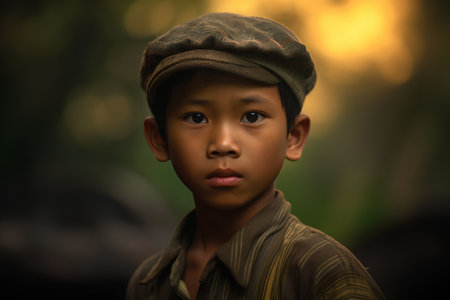 Portrait of asian boy wearing a cap and looking at cameraの素材
