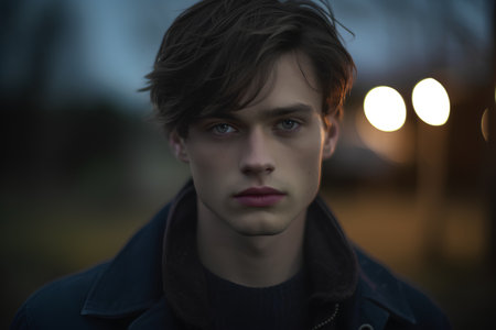 Portrait of a handsome young man in a dark coat at nightの素材