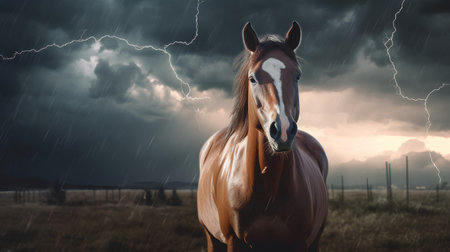 Horse in the rain with stormy sky and lightning on backgroundの素材