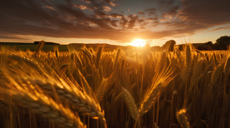 Wheat field at sunset. Beautiful Nature Sunset Landscape. Rural Scenery.の素材