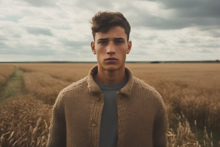 Portrait of young handsome man in wheat field. Men's beauty, fashion.の素材
