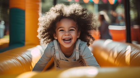 Happy little girl having fun at amusement park. Cheerful african american kid laughing and looking at camera.の素材