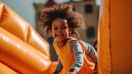 Cheerful african american girl having fun in an inflatable castleの素材