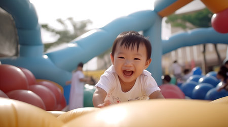 Asian baby boy playing on inflatable balls in the playground at the parkの素材