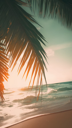 Tropical beach with coconut palm tree at sunset, vintage filterの素材