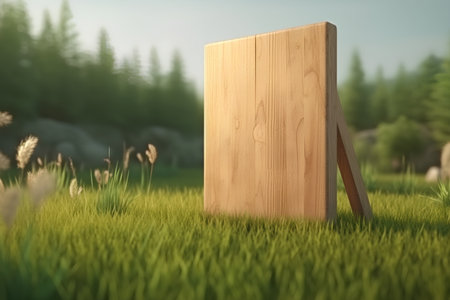 Wooden signboard in the meadow. 3d render.の素材