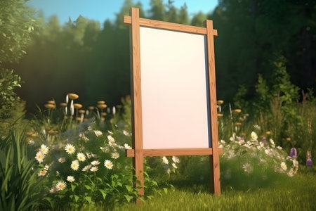 Blank signboard in the meadow with flowers. 3d renderの素材