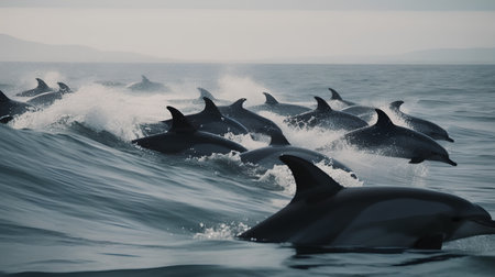 Dolphins swimming in the ocean. Toned in blue tone.の素材
